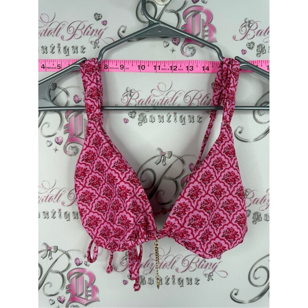 Bikini top charm Pink Floral Print Triangle Bralette with Gold Accent